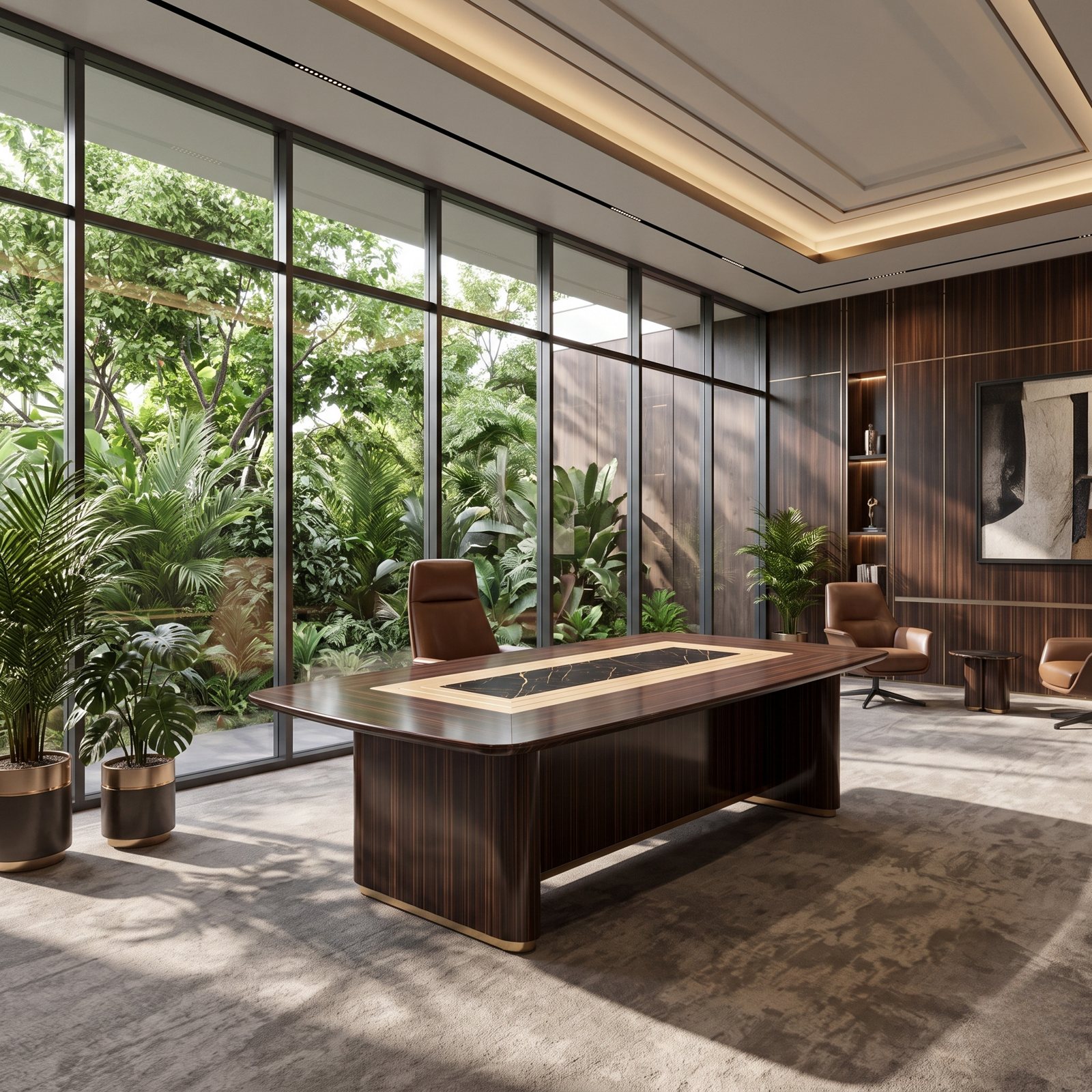Executive office with a wood and marble desk, leather seating and a garden view
